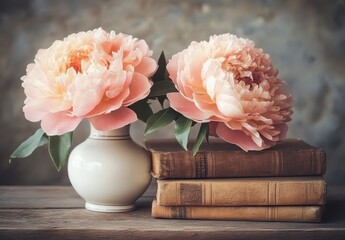 Pastel pink peonies in a small vase sit beside a stack of antique books on a rustic wooden surface against a muted gray background. Soft, natural