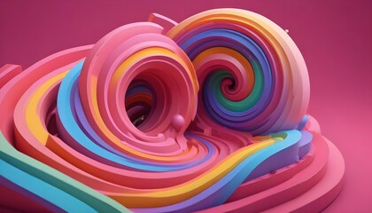 Colorida forma abstracta en 3D con capas arremolinadas de colores del arco iris sobre un fondo rosa intenso
