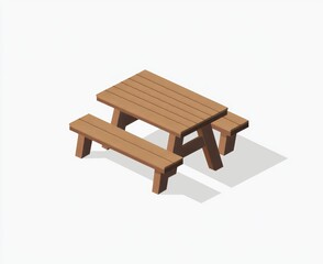 An isometric representation of a traditional wooden picnic table, suitable for illustrating outdoor dining and leisure activities