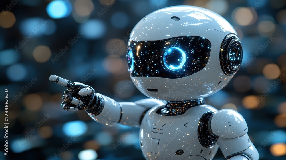 Poster a futuristic robot with glowing eyes pointing in a digital environment.