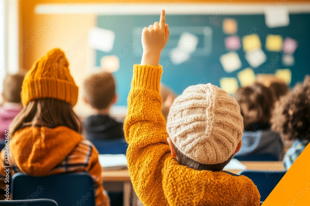Poster a student raising their hand in a classroom while a substitute teacher writes on the board, engaging