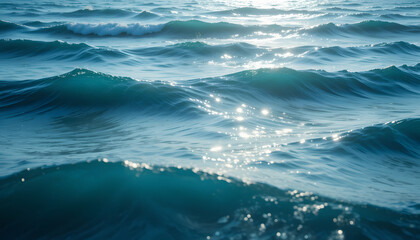 Fototapeta premium Blue ocean waves crash reflecting sunlight on the surface under a summer sky