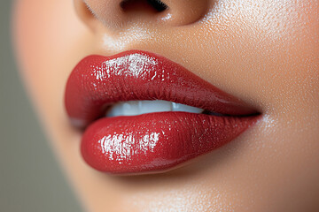 Vibrant close-up of smooth lips adorned with glossy red lipstick, showcasing beauty and allure in simple elegance