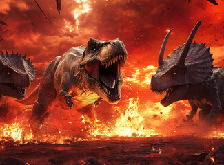 Jurassic dinosaurs fighting before extinction