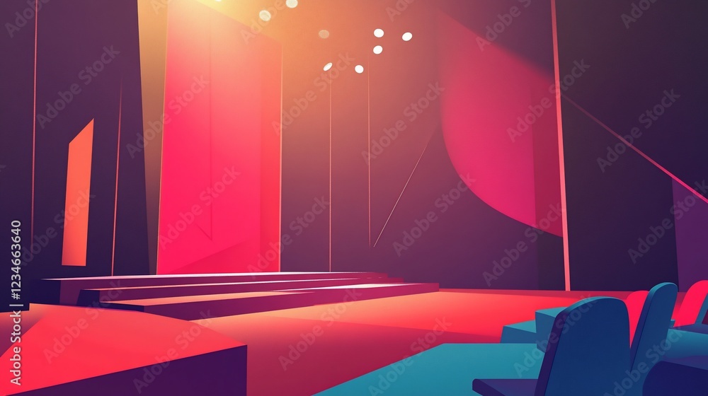Poster abstract stage design with vibrant colors and geometric shapes creating a modern scene