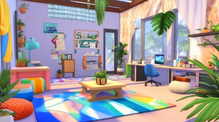 Bright and Colorful Home Office with Plants and Natural Light Streaming Through Large Windows