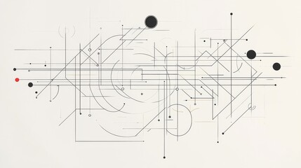 Obraz premium Abstract geometric art with lines, circles, and dots on a beige background.