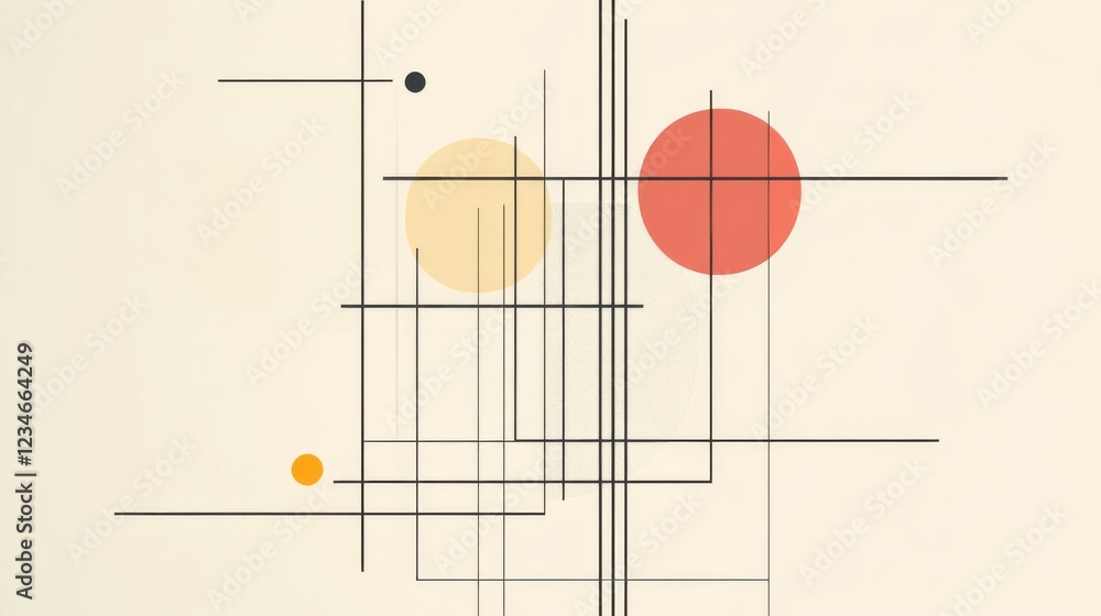 Poster abstract geometric composition featuring circles and lines on a soft background, ideal for design