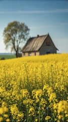 vibrant field of yellow rapeseed flowers with rustic house and tree in background