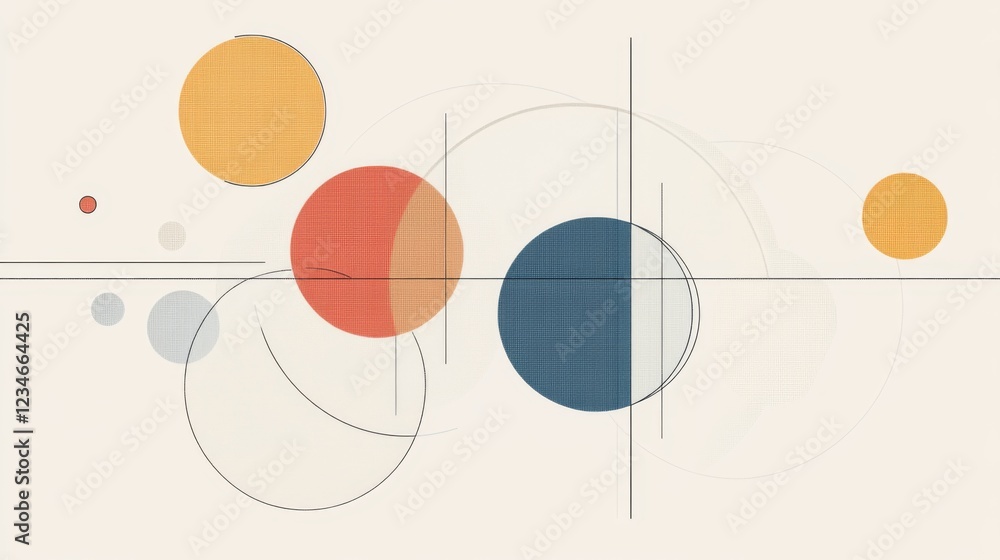 Poster abstract geometric composition featuring colorful circles and lines on a light background