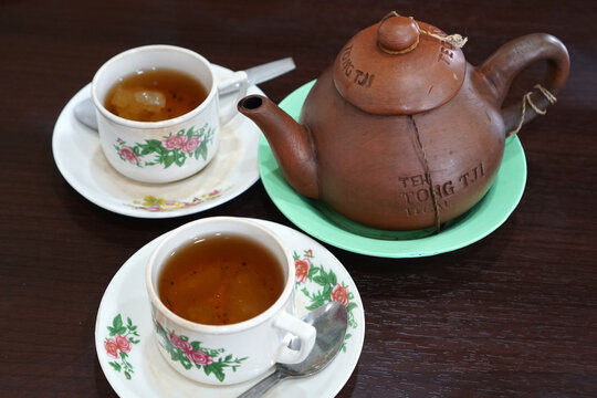 Tegal, Indonesia. January 27, 2025. A set of traditional Tegal teapots called Teh Poci ready to be served.          