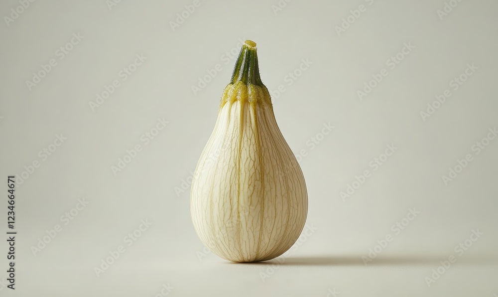 Poster off white pear shaped object with a textured surface and a small green top, presented against a ligh
