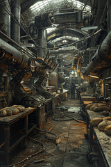 Craft a scene in a post-apocalyptic bakery where machines knead dough amidst an industrial wasteland, viewed from underneath a broken ceiling, giving a unique perspective of the bakers wearing gas mas