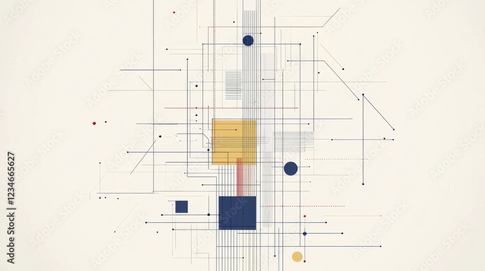 Poster abstract geometric composition with vibrant shapes and lines on a neutral background