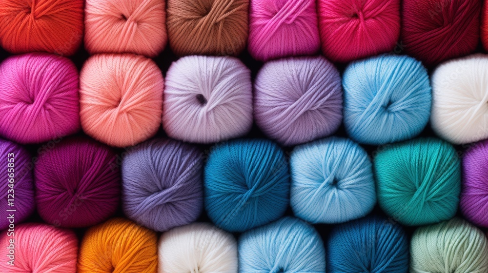 Poster vibrant display of colorful yarn balls in a textured background creating a chaotic and artistic scen