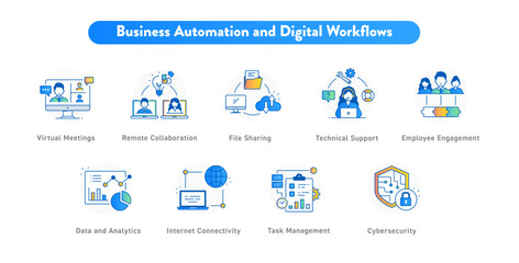 Business Automation & Digital Workflows Icon Set – Task Management, Workflow Optimization, and Data Analytics