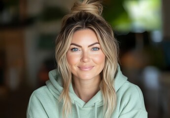 Obraz premium Portrait of a young woman with blonde hair in a messy bun, wearing a light green hoodie. Soft lighting, shallow depth of field, and a blurred
