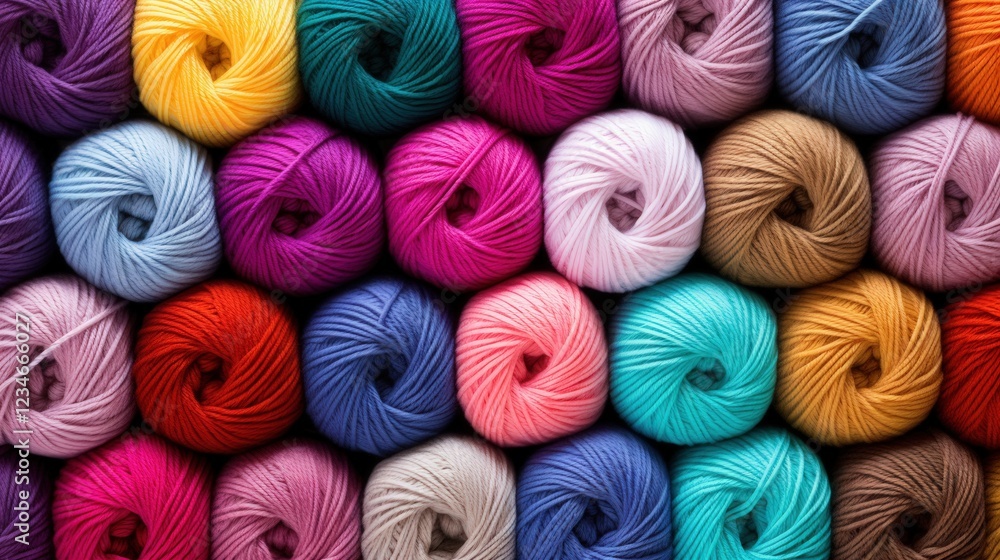 Poster a vibrant display of colorful yarn balls arranged in rows creating a textured background full of cha