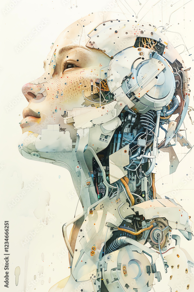 Poster craft a unique interpretation of artificial intelligence in a side view perspective using watercolor