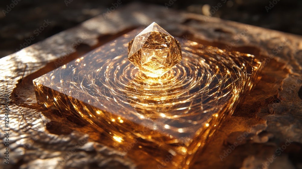 Poster close-up of a rotating diamond in studio with caustic light patterns and gigapixel detail