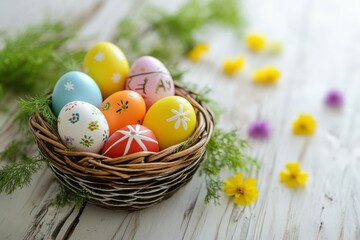 Obraz premium Colorful Easter Eggs in Wicker Basket