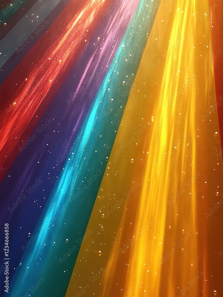 Poster multi-colored light rays shining down with sparkling specks, abstract use