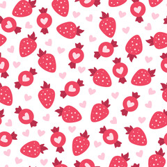 Cute candies, strawberries and hearts seamless pattern for Valentine's day. Sweet food and berries romantic love pattern.