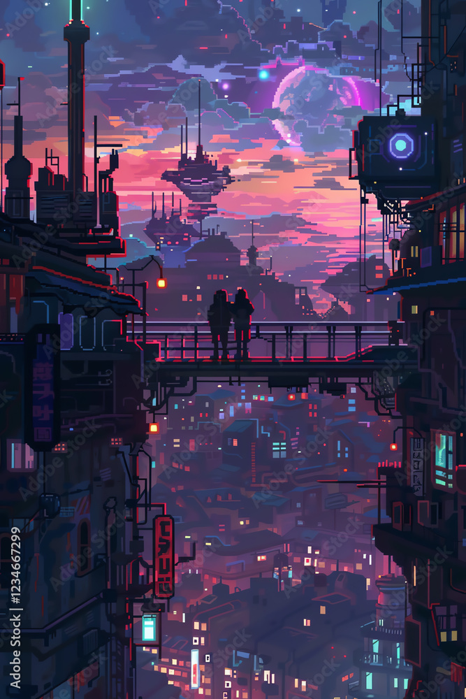 Poster craft an intricate scene merging futuristic technologies and romantic themes using pixel art experim