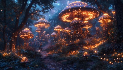 Obraz premium Enchanting Luminous Mushroom Forest Path At Night