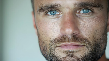Obraz premium Man's intense gaze, close-up portrait, neutral background, profile photo