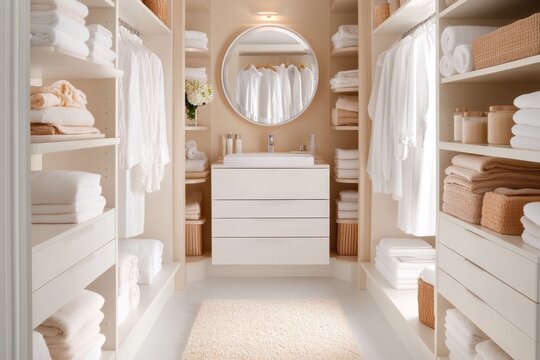 A well-organized closet with clothing items matched to corresponding accessories, emphasizing alignment and order