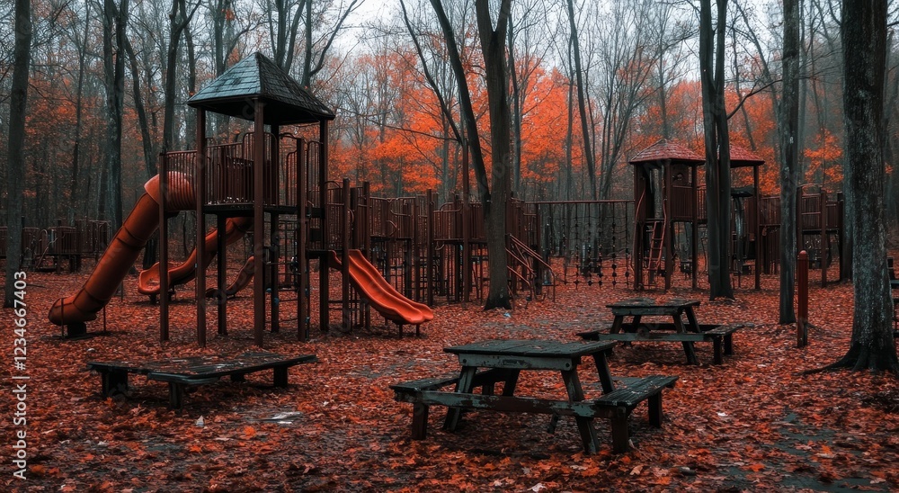 Poster a solitary picnic table set against a sea of colorful leaves marks an otherwise empty playground in 