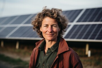 Portrait of a middle aged woman engineer standing in front of solar panels