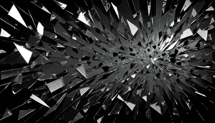 Vidrio roto con fragmentos dentados e irregulares en blanco y negro sobre un fondo oscuro