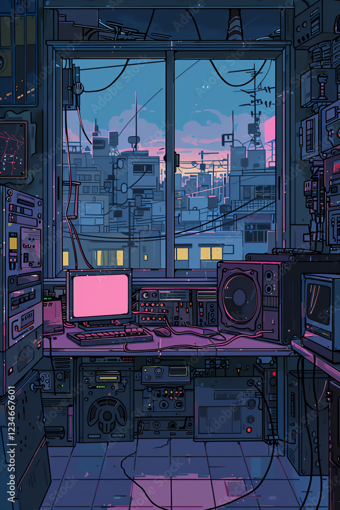 Poster craft an intricate scene merging futuristic technologies and romantic themes using pixel art experim