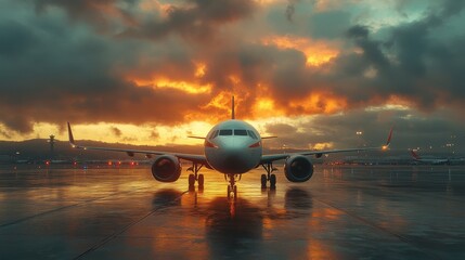 Airplane on runway at sunset, reflecting on wet tarmac.