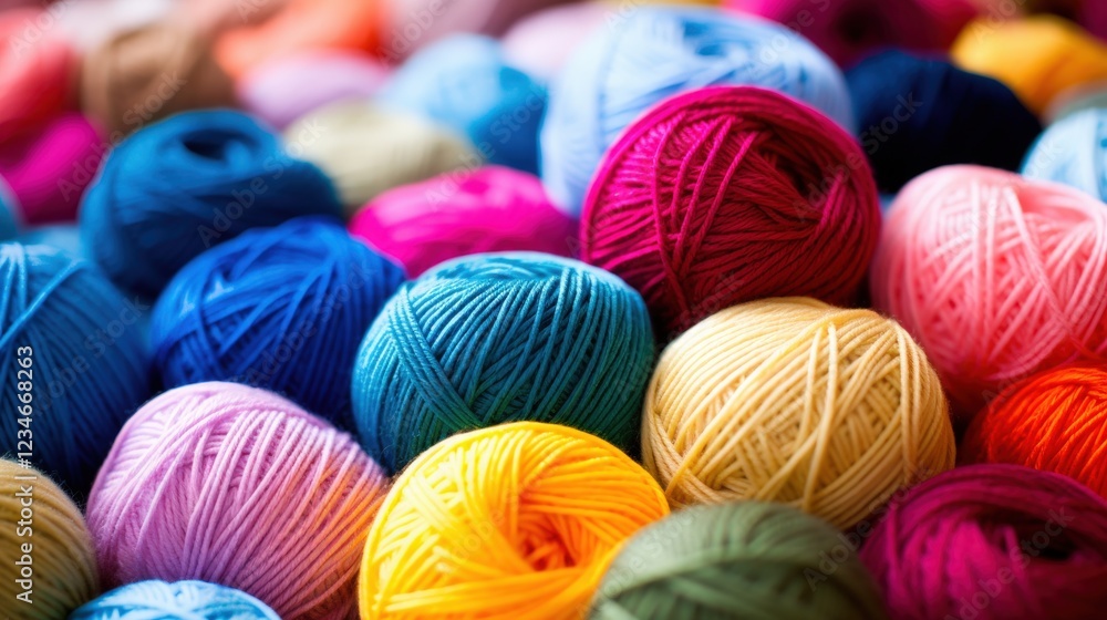 Poster a colorful array of yarn balls in a chaotic yet beautiful display of texture and color, perfect for 
