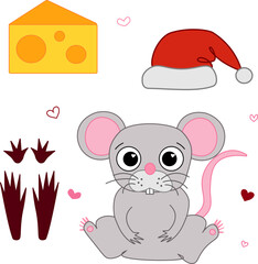 a mouse rat grey graphic line vector illustration set. Cute animal with cheese, santa hat and footstep isolated. Chinese lunar new year, lantern festival mascot 2032