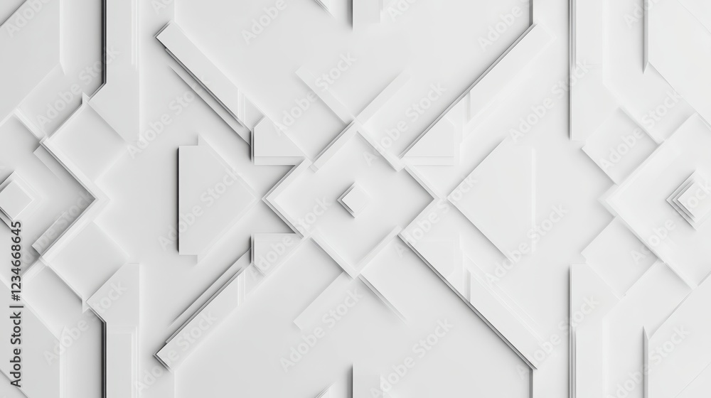 Poster geometric white surface featuring interlocking squares, triangles, and linear elements forming minim