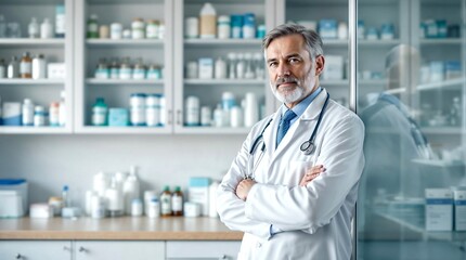 Doctors leaning. Professional doctor standing confidently in pharmacy room, healthcare