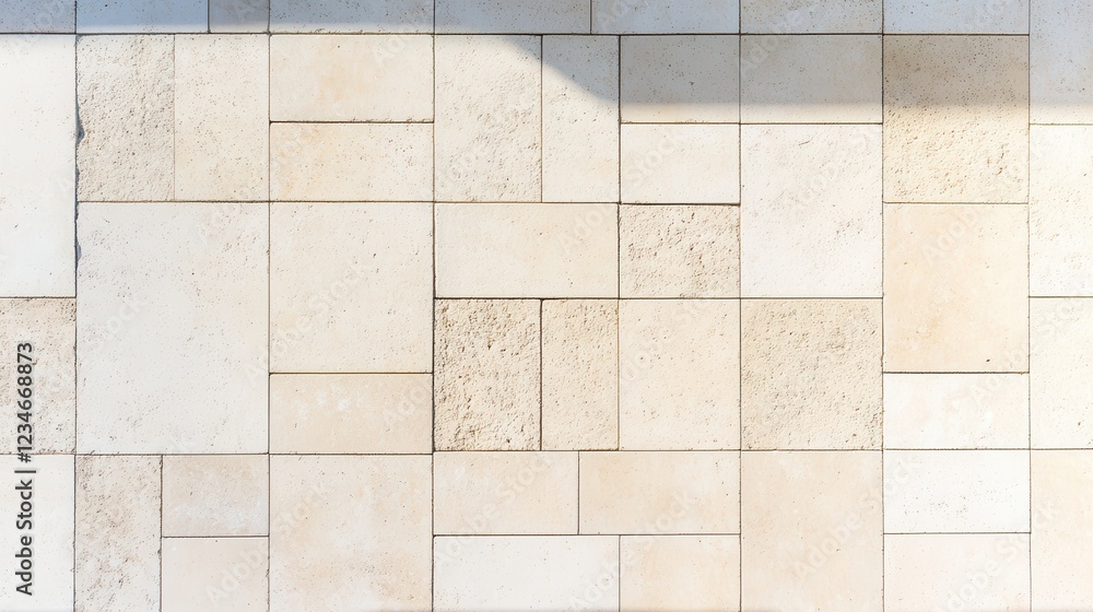 Poster sunlight casting dramatic shadows on geometric stone wall cladding, highlighting rectangular and squ