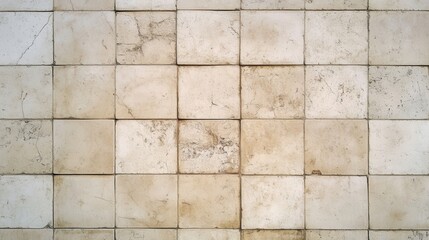 Fototapeta premium Neutral beige square tiles creating geometric grid pattern, displaying subtle tonal variations providing contemporary minimalist wall texture and architectural sophistication