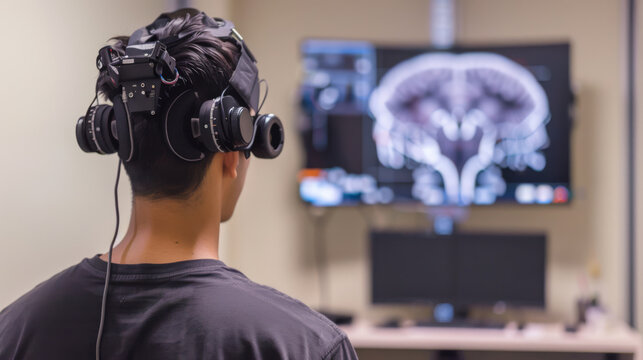 Man wearing EEG device analyzing live brain scan on screen
