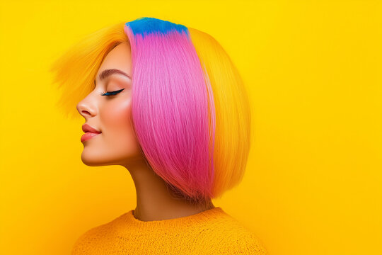 Brightly colored hair in vibrant shades against a yellow backdrop showcasing artistic expression and creativity