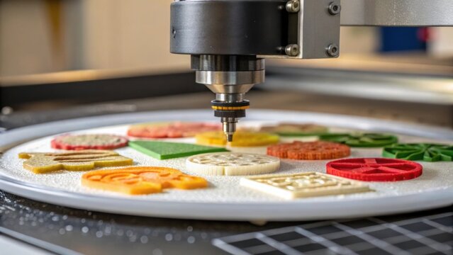 Food printing machine precisely depositing edible materials onto a rotating plate, creating colorful, intricately shaped biscuits and highlighting innovation in culinary automation - Powered by Adobe