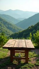 A serene wooden table in a picturesque mountain valley, bathed in warm sunlight