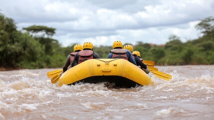 A yellow raft carries adventurers through turbulent waters, surrounded by lush greenery under a cloudy sky.
