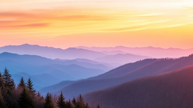 Sunset golden hues illuminating layered mountain ranges, casting soft light across great smoky mountains national park landscape with serene wilderness atmosphere - Powered by Adobe