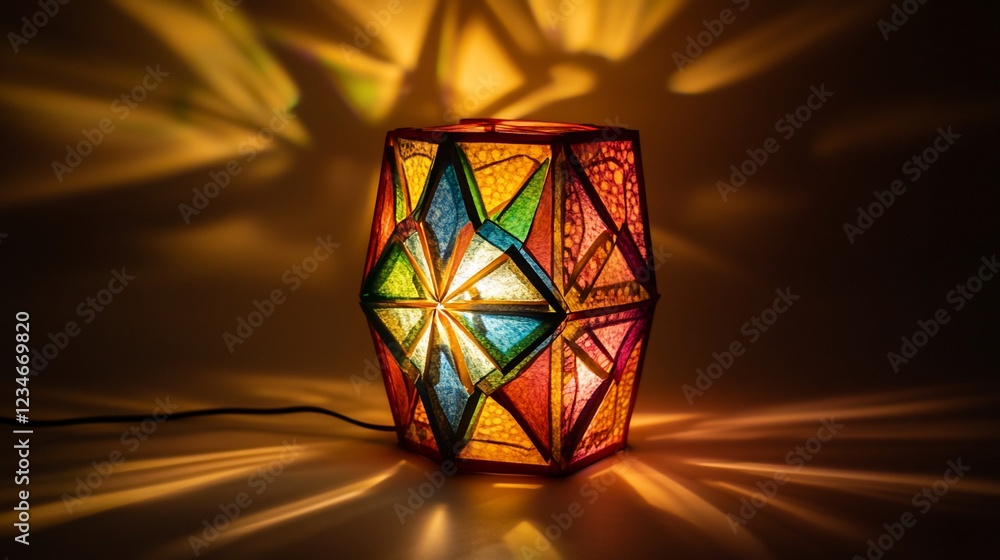 Poster geometric multicolored lamp emitting light in dark, creating bright shadows and reflections