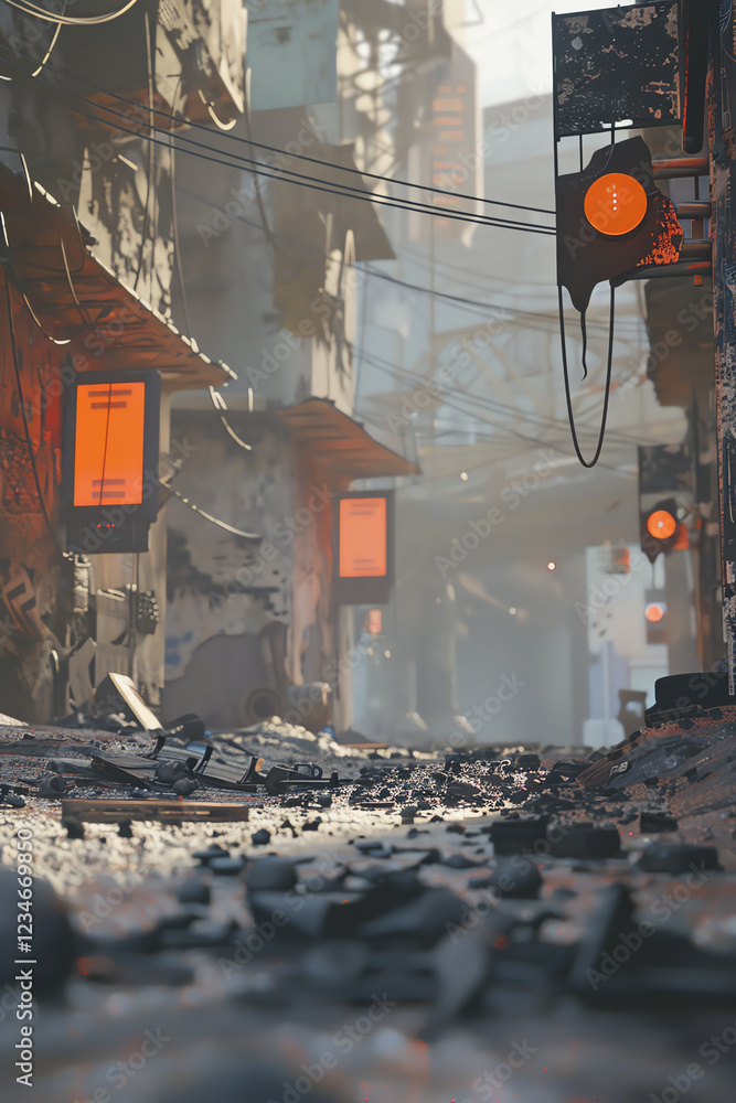 Poster design a 3d rendered scene capturing an unexpected low-angle view of a desolate, post-apocalyptic wa